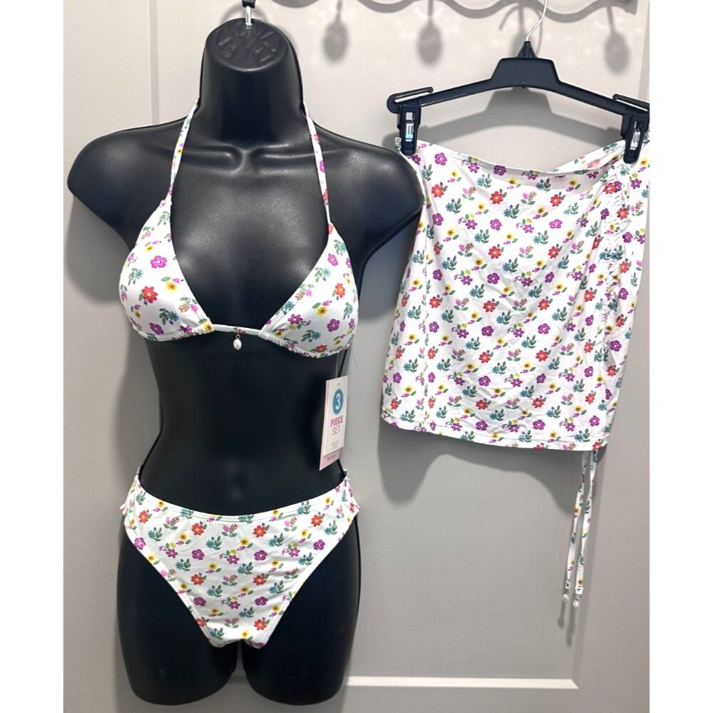 Swimsuit Women's YMI 3 Piece Bikini Set Bright Blooming Ditsy Whit Sz S NWT